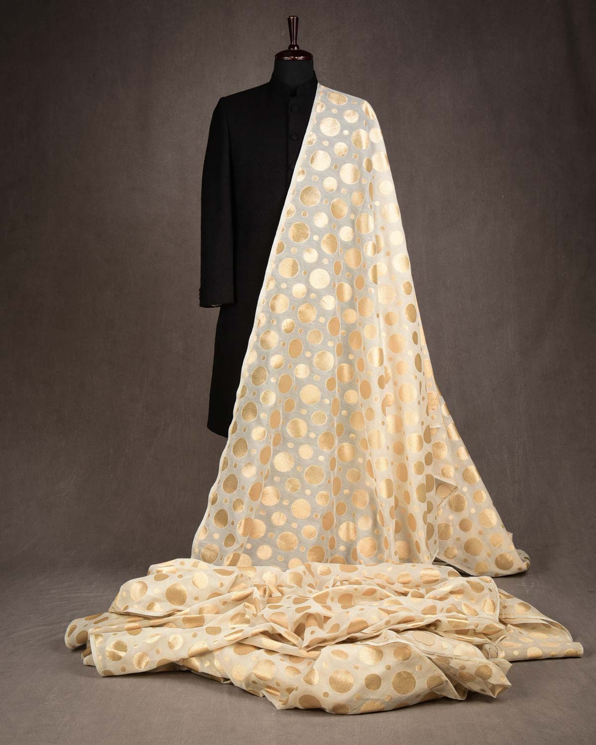 Ivory White Gold Zari Big & Small Polka Dots Cutwork Brocade Woven Cotton Silk Banarasi Fabric-HolyWeaves