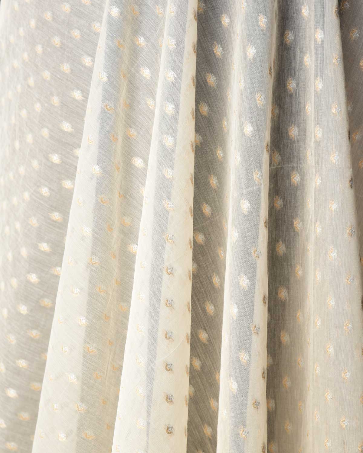 Ivory White Gold & Silver Zari Buti Cutwork Brocade Woven Cotton Silk Banarasi Fabric-HolyWeaves