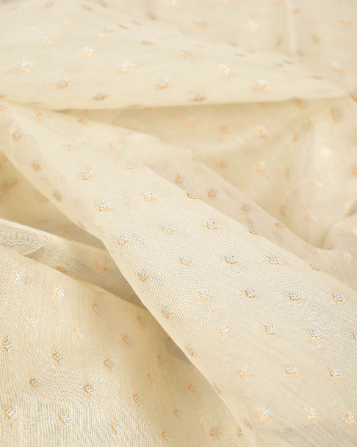 Ivory White Gold & Silver Zari Buti Cutwork Brocade Woven Cotton Silk Banarasi Fabric-HolyWeaves