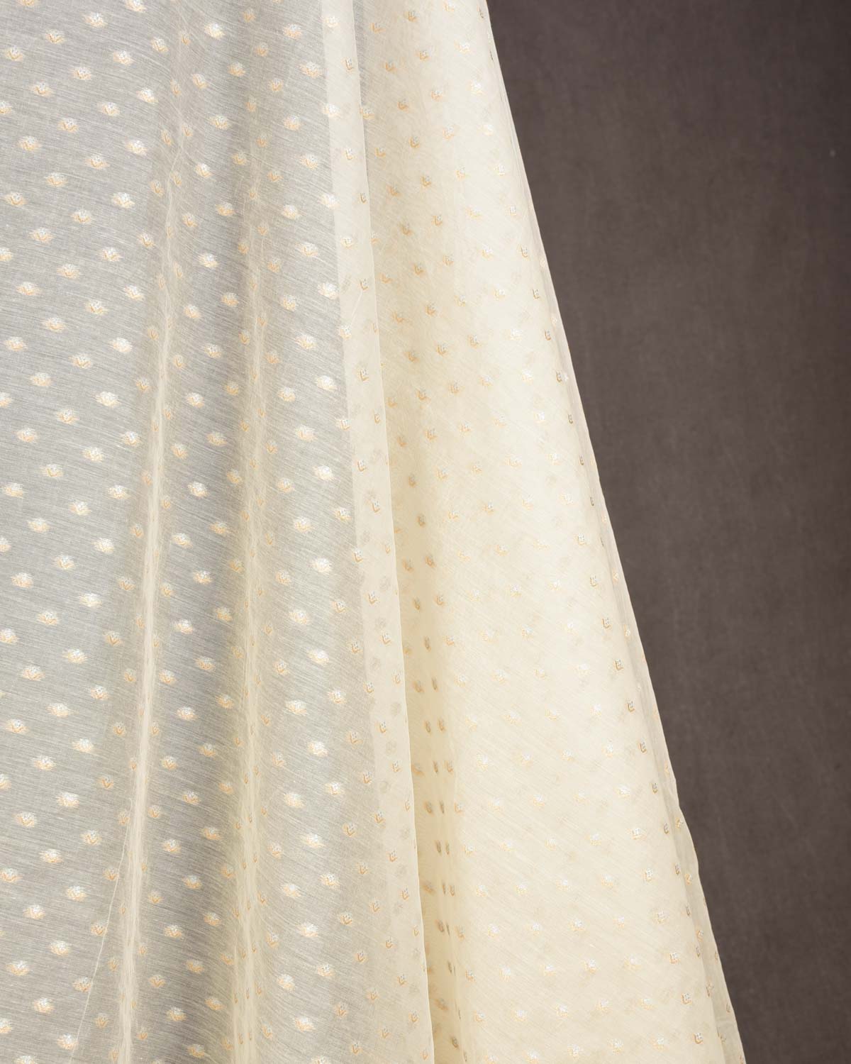 Ivory White Gold & Silver Zari Buti Cutwork Brocade Woven Cotton Silk Banarasi Fabric-HolyWeaves