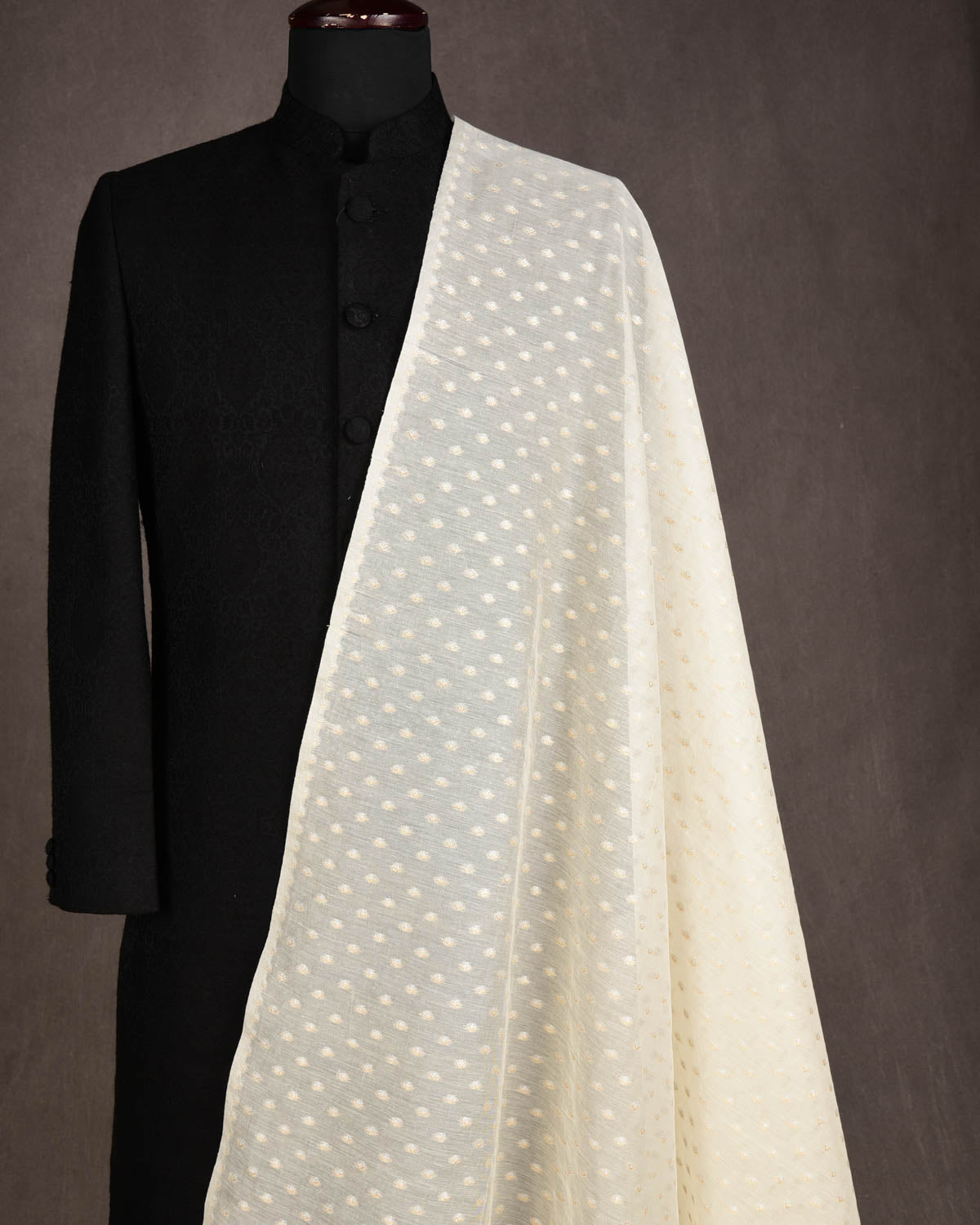 Ivory White Gold & Silver Zari Buti Cutwork Brocade Woven Cotton Silk Banarasi Fabric-HolyWeaves