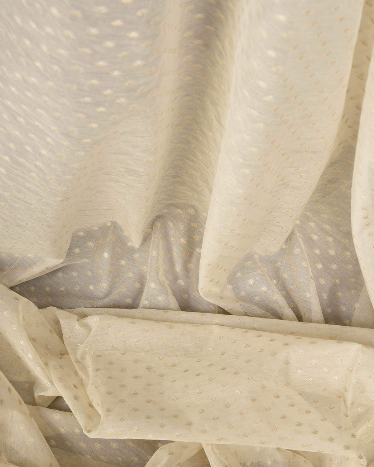 Ivory White Gold & Silver Zari Buti Cutwork Brocade Woven Cotton Silk Banarasi Fabric-HolyWeaves