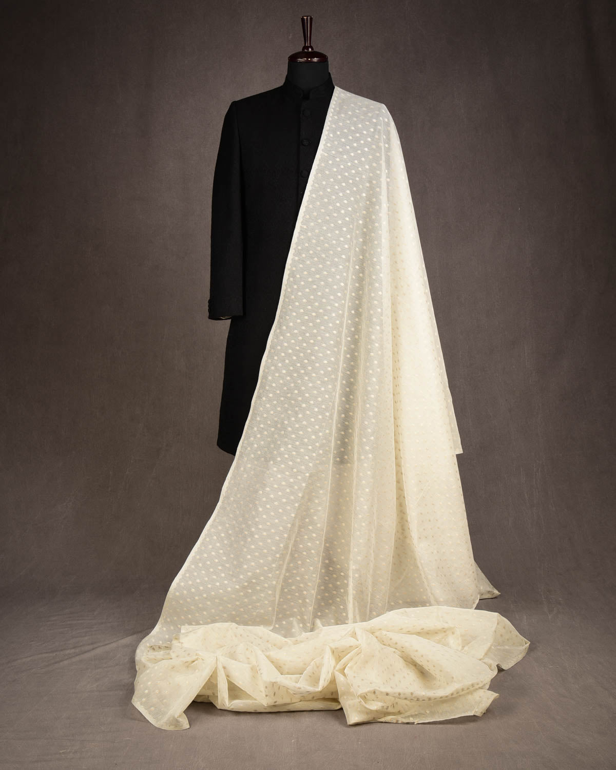 Ivory White Gold & Silver Zari Buti Cutwork Brocade Woven Cotton Silk Banarasi Fabric-HolyWeaves