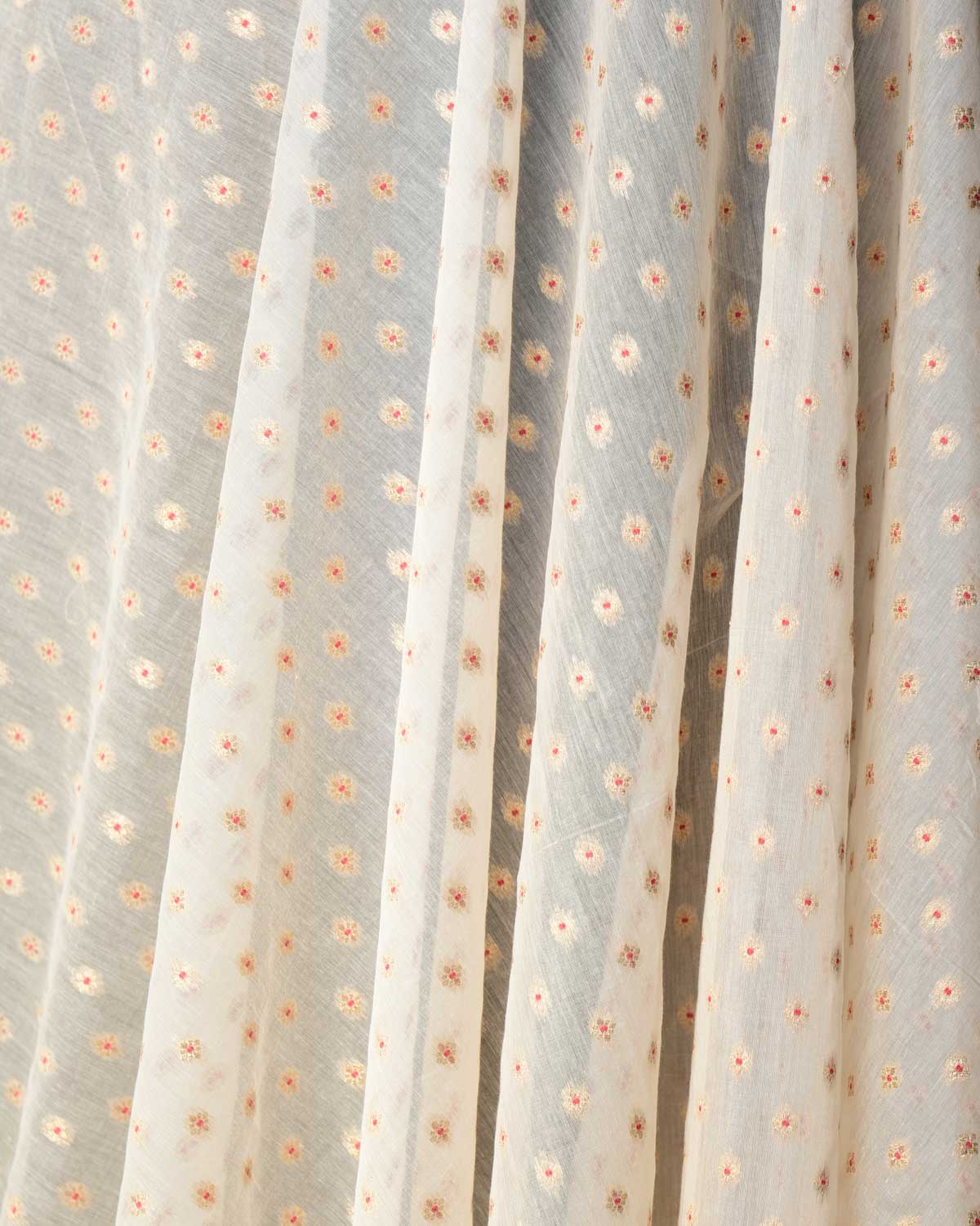 Ivory White Gold Zari & Red Meena Buti Cutwork Brocade Woven Cotton Silk Banarasi Fabric-HolyWeaves