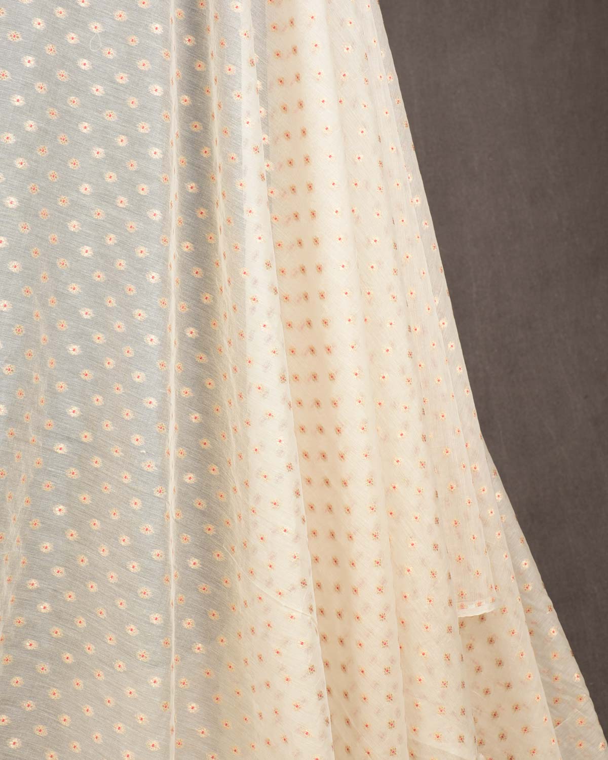 Ivory White Gold Zari & Red Meena Buti Cutwork Brocade Woven Cotton Silk Banarasi Fabric-HolyWeaves