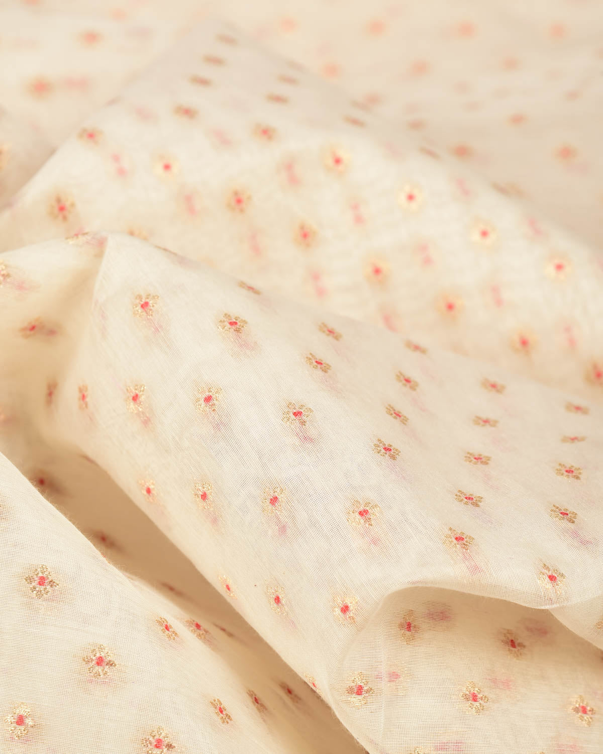 Ivory White Gold Zari & Red Meena Buti Cutwork Brocade Woven Cotton Silk Banarasi Fabric-HolyWeaves