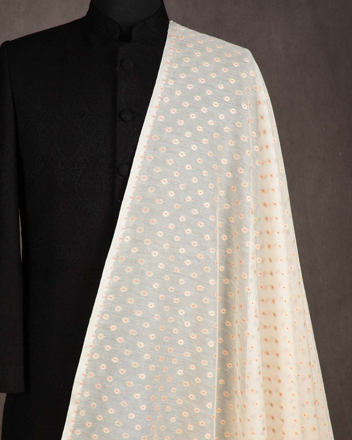 Ivory White Gold Zari & Red Meena Buti Cutwork Brocade Woven Cotton Silk Banarasi Fabric-HolyWeaves