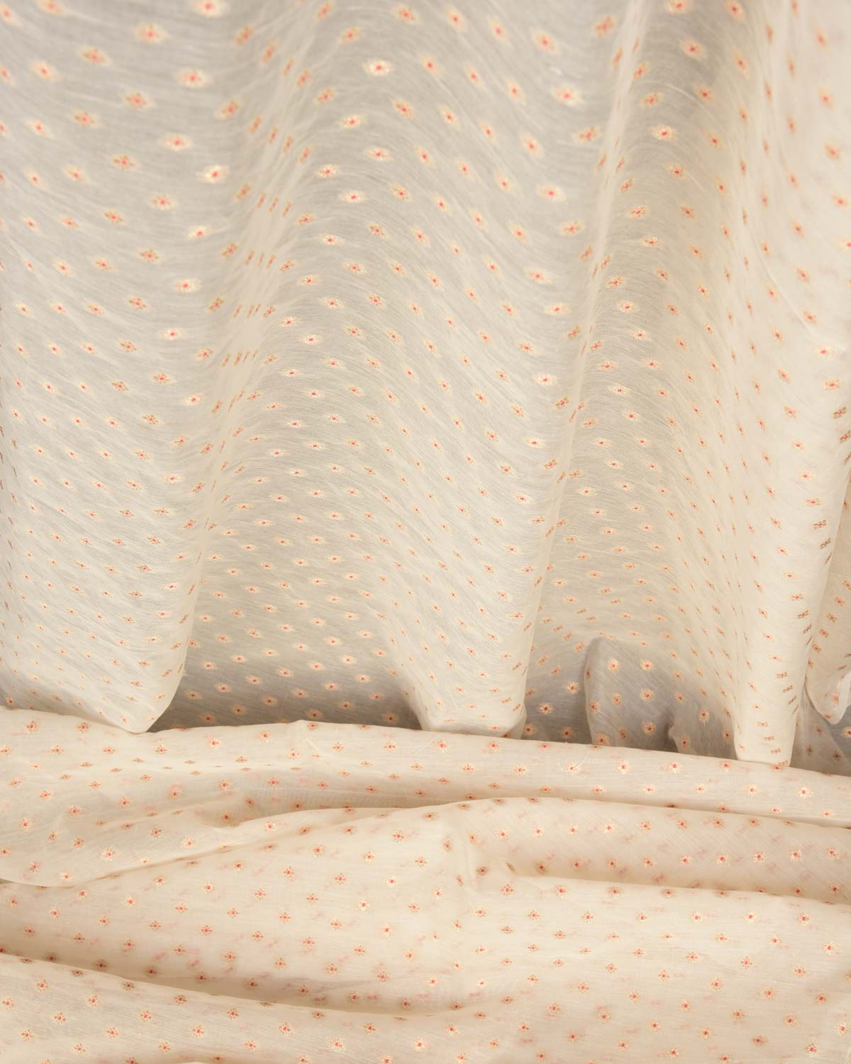 Ivory White Gold Zari & Red Meena Buti Cutwork Brocade Woven Cotton Silk Banarasi Fabric-HolyWeaves