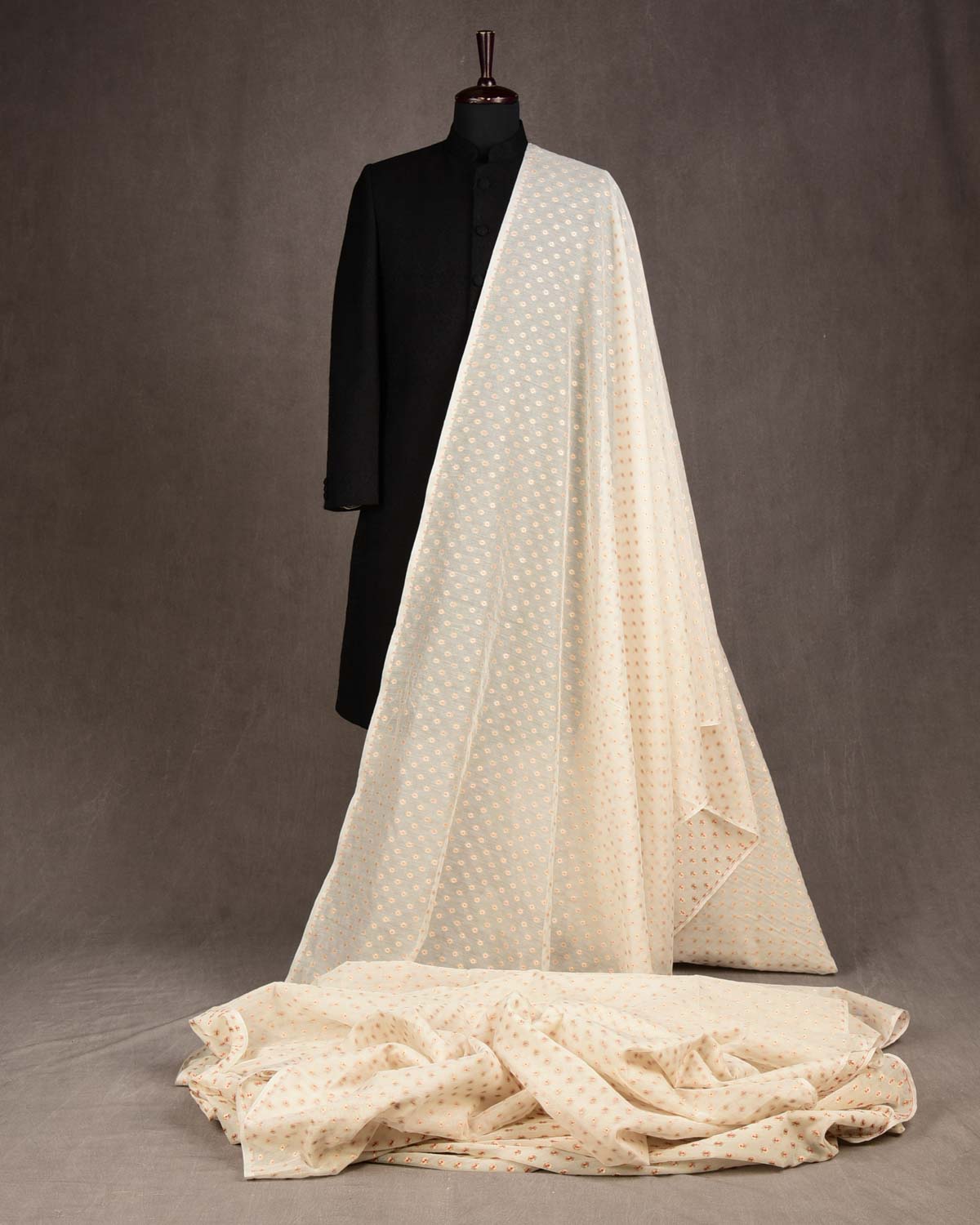 Ivory White Gold Zari & Red Meena Buti Cutwork Brocade Woven Cotton Silk Banarasi Fabric-HolyWeaves