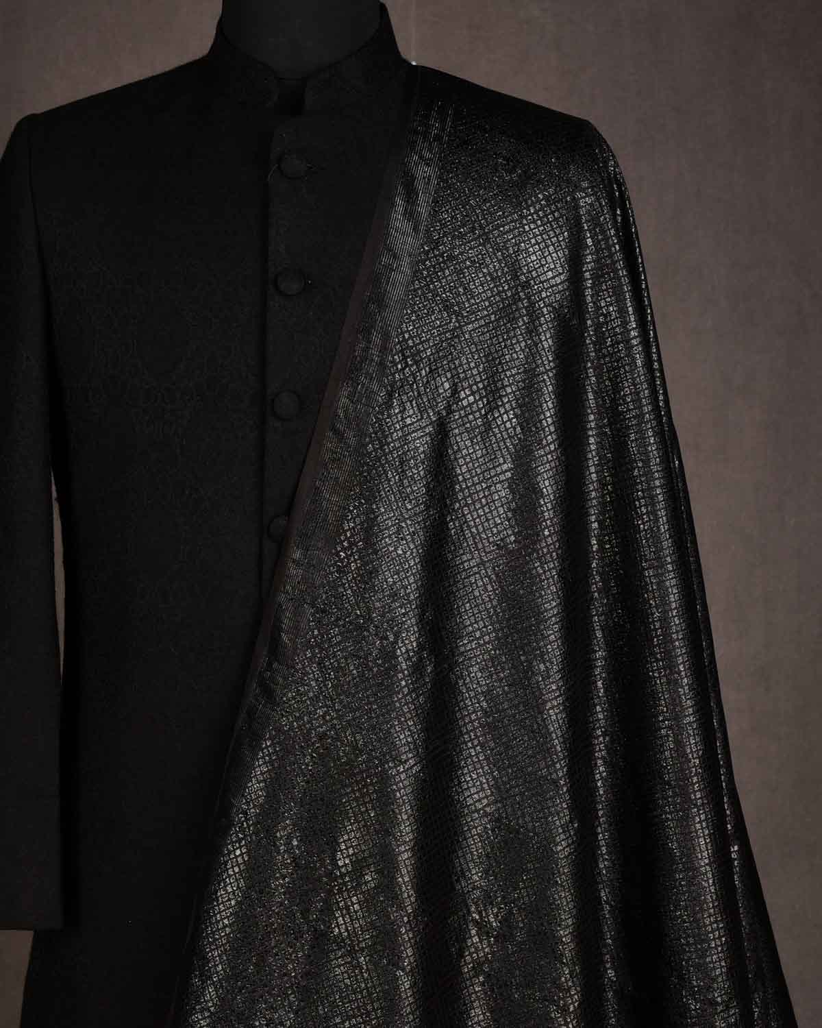 Black Geometric Black Lurex Brocade Handwoven Katan Silk Banarasi Fabric-HolyWeaves