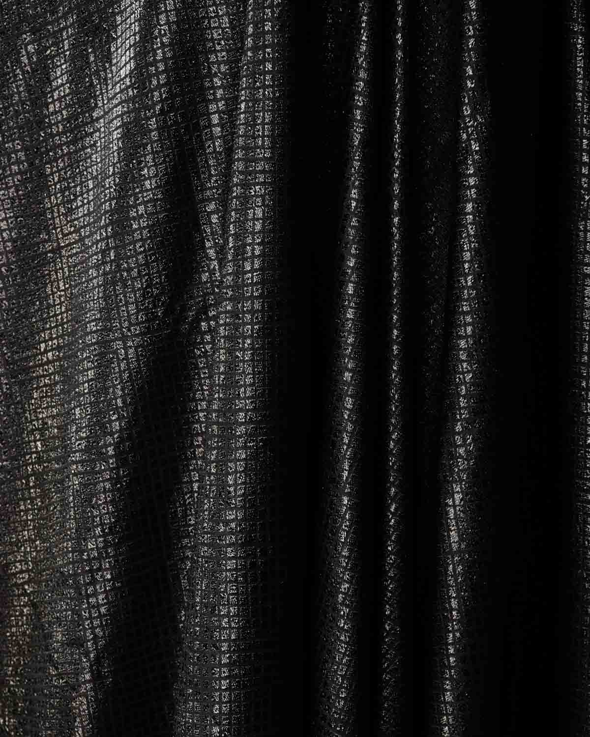 Black Geometric Black Lurex Brocade Handwoven Katan Silk Banarasi Fabric-HolyWeaves