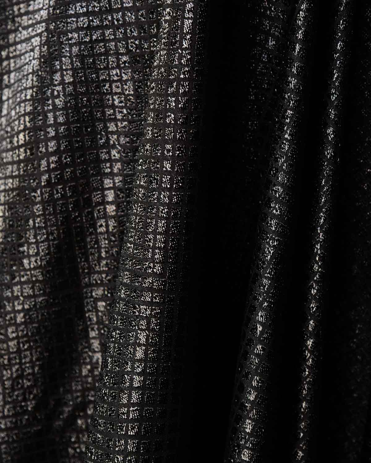 Black Geometric Black Lurex Brocade Handwoven Katan Silk Banarasi Fabric-HolyWeaves