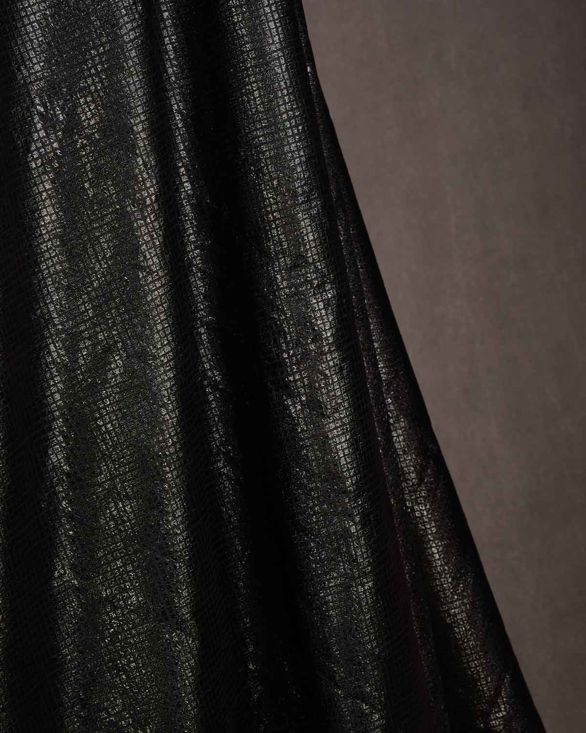 Black Geometric Black Lurex Brocade Handwoven Katan Silk Banarasi Fabric-HolyWeaves