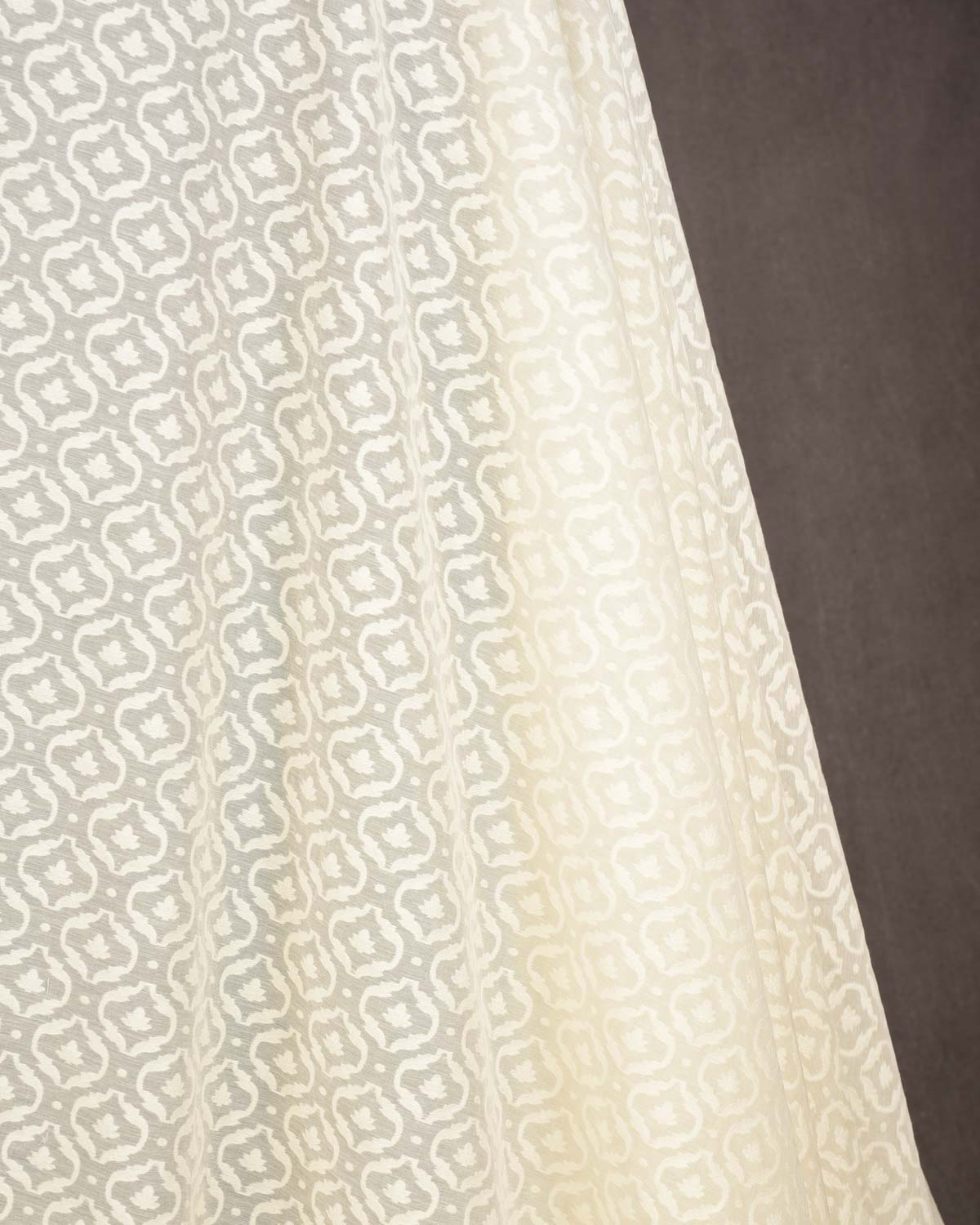Ivory White Resham Patola Cutwork Brocade Woven Cotton Silk Banarasi Fabric-HolyWeaves