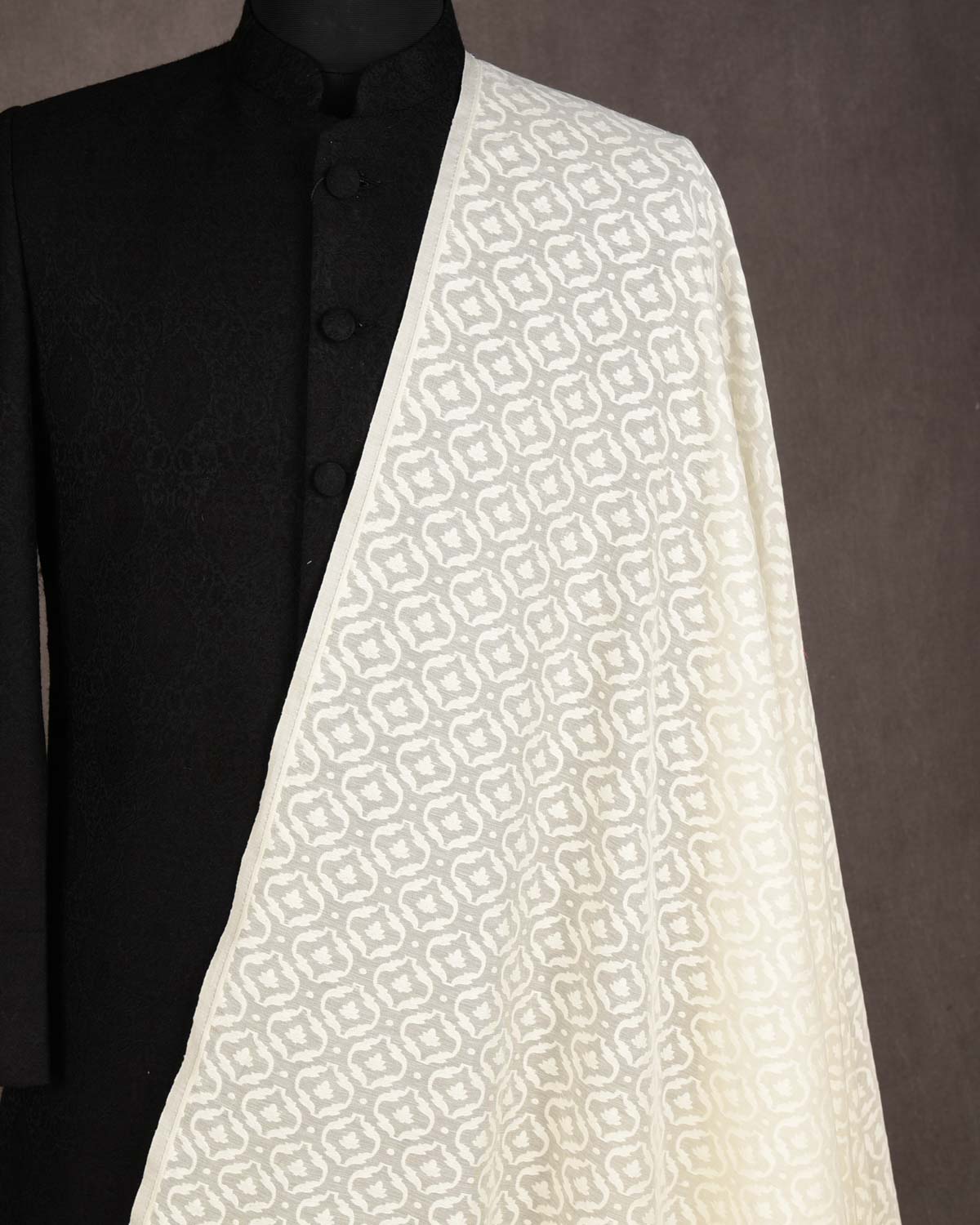 Ivory White Resham Patola Cutwork Brocade Woven Cotton Silk Banarasi Fabric-HolyWeaves