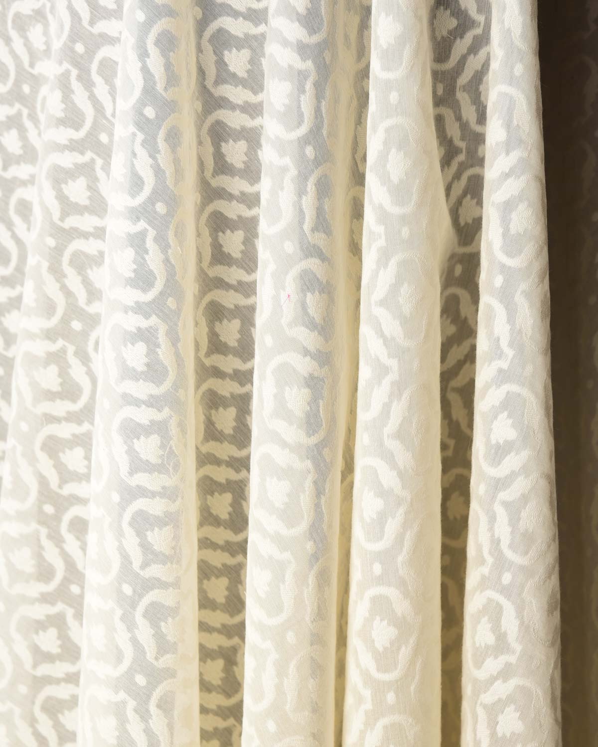 Ivory White Resham Patola Cutwork Brocade Woven Cotton Silk Banarasi Fabric-HolyWeaves