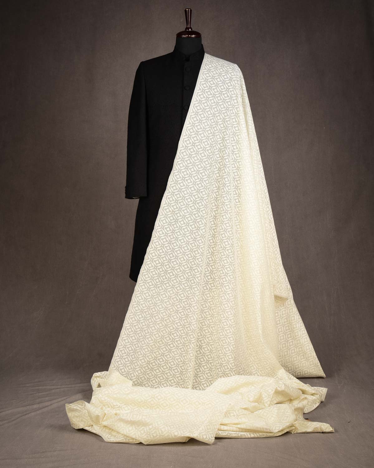 Ivory White Resham Patola Cutwork Brocade Woven Cotton Silk Banarasi Fabric-HolyWeaves