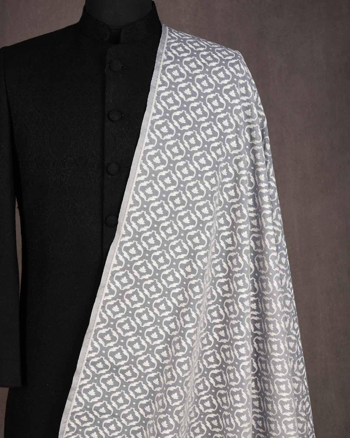 Gray Resham Patola Cutwork Brocade Woven Cotton Silk Banarasi Fabric-HolyWeaves