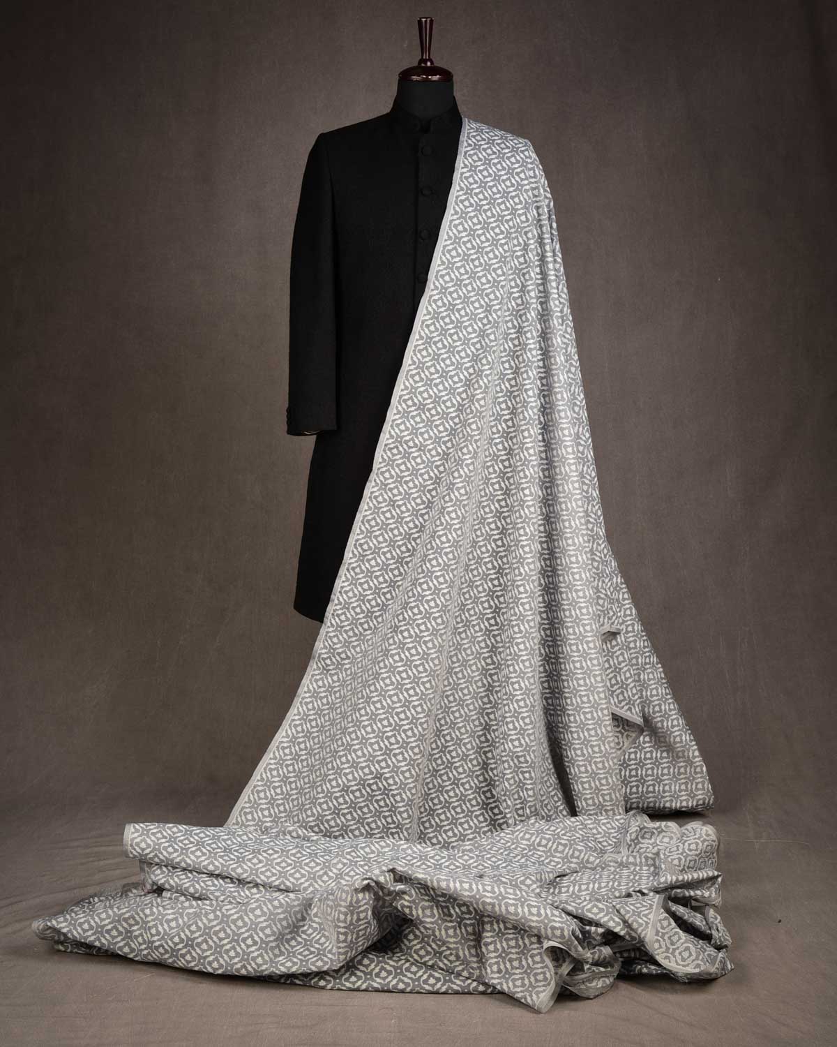 Gray Resham Patola Cutwork Brocade Woven Cotton Silk Banarasi Fabric-HolyWeaves