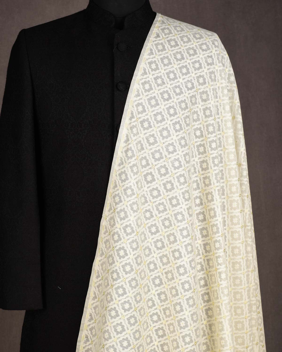 Ivory White Gold Zari & White Resham Grids Cutwork Brocade Woven Cotton Silk Banarasi Fabric-HolyWeaves