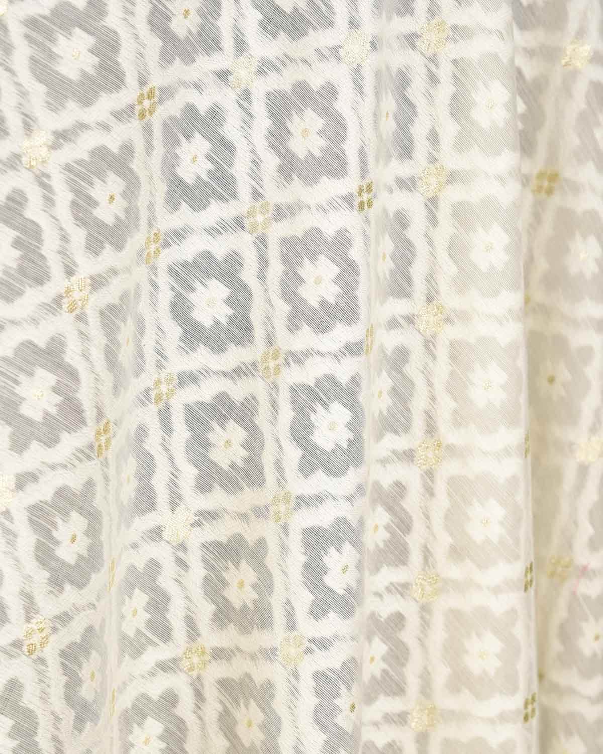 Ivory White Gold Zari & White Resham Grids Cutwork Brocade Woven Cotton Silk Banarasi Fabric-HolyWeaves