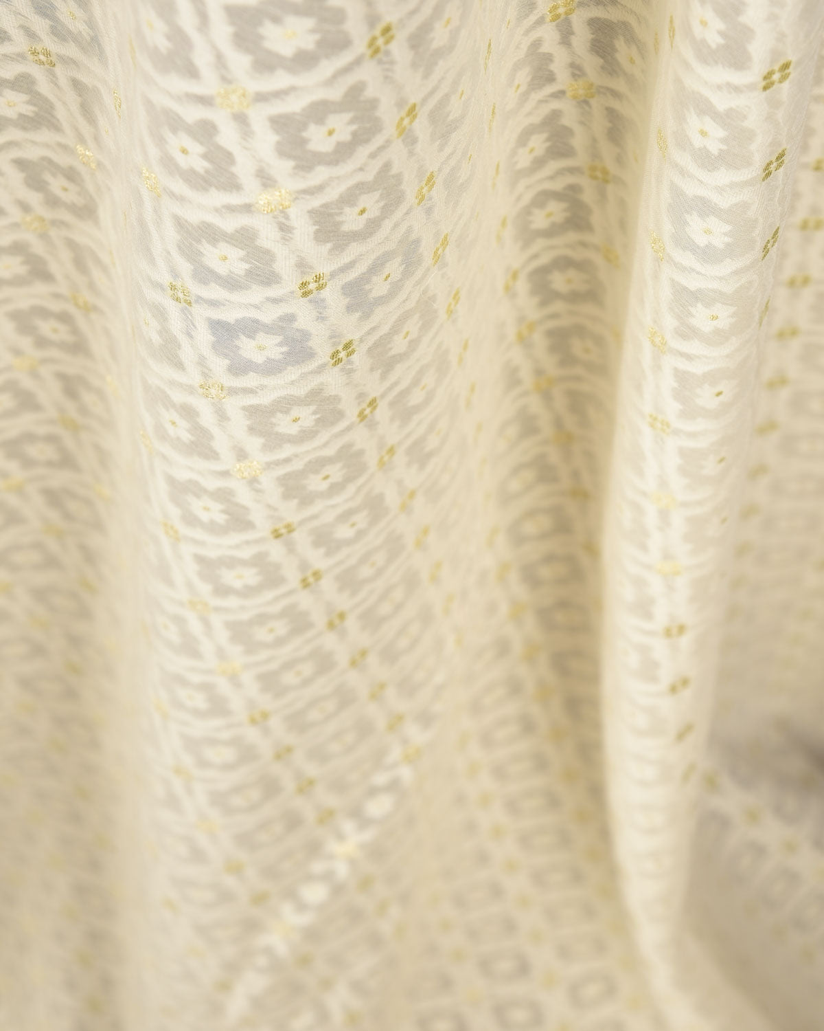 Ivory White Gold Zari & White Resham Grids Cutwork Brocade Woven Cotton Silk Banarasi Fabric-HolyWeaves