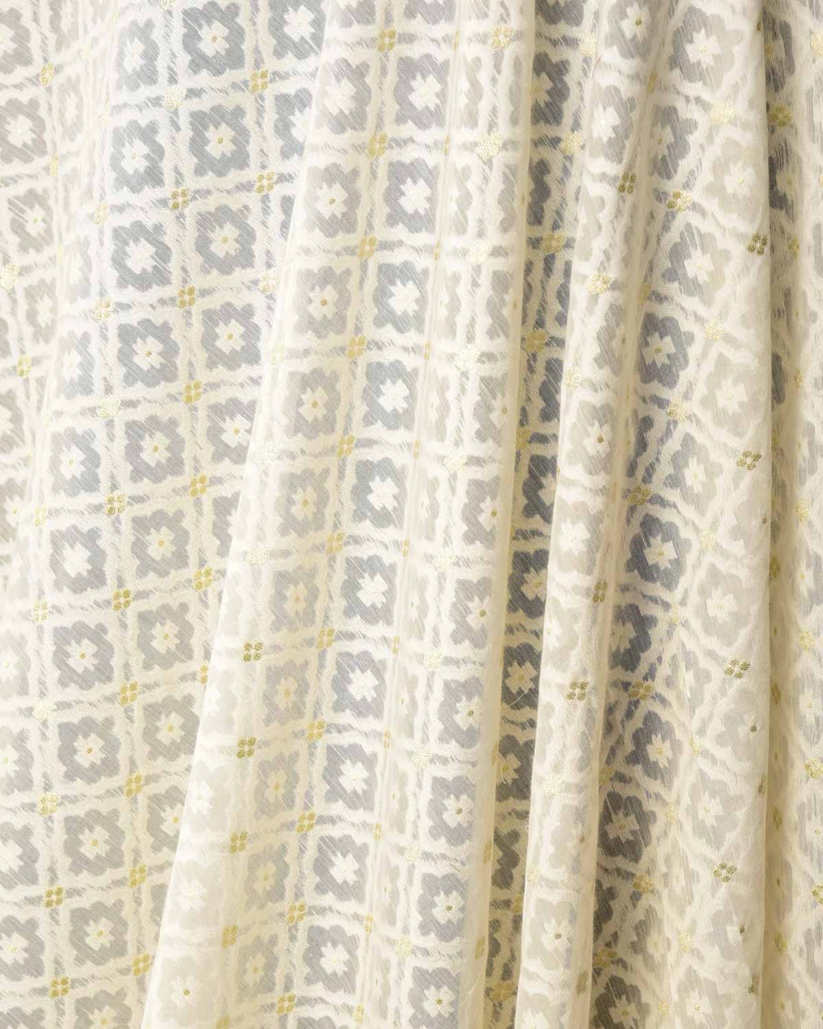 Ivory White Gold Zari & White Resham Grids Cutwork Brocade Woven Cotton Silk Banarasi Fabric-HolyWeaves