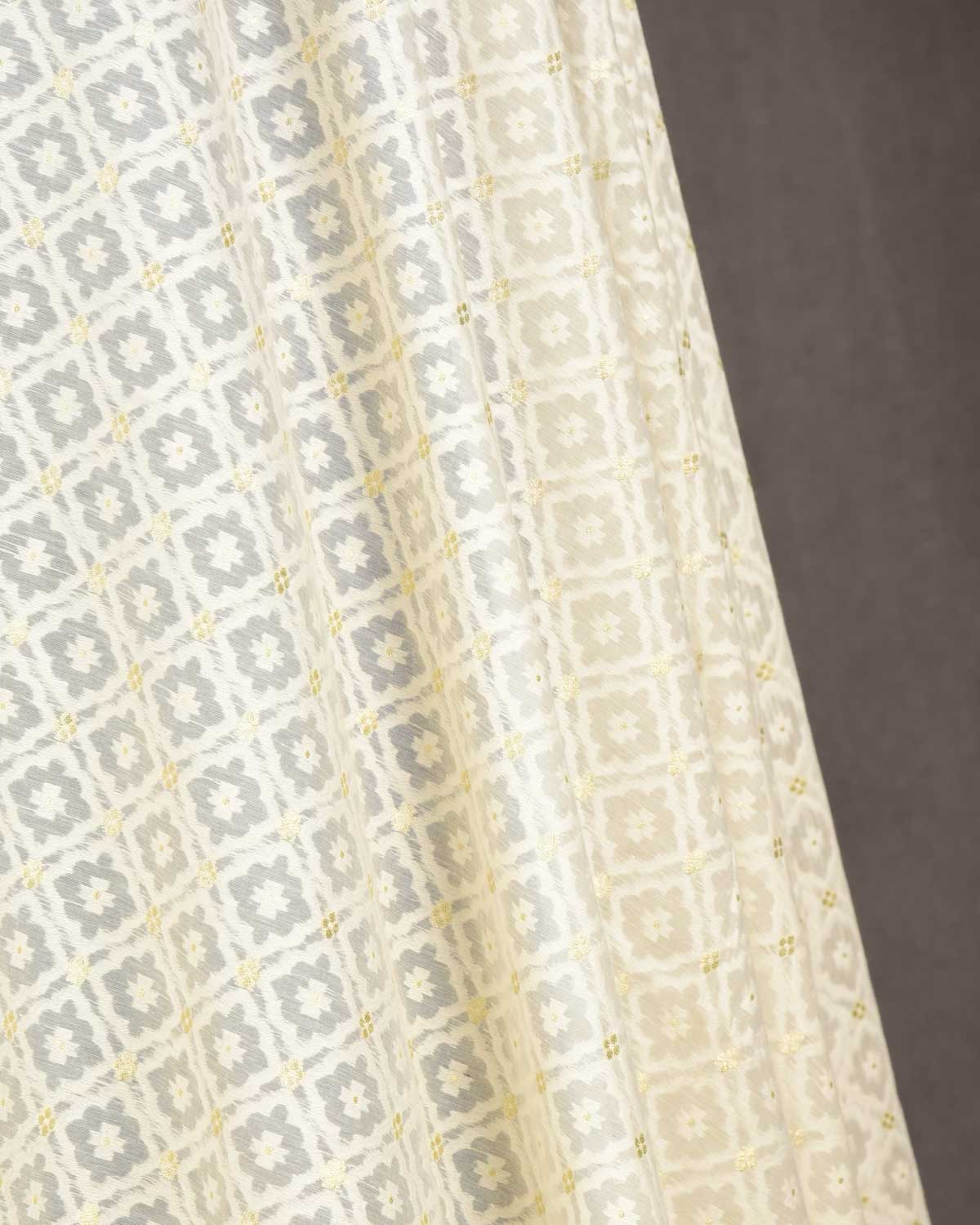 Ivory White Gold Zari & White Resham Grids Cutwork Brocade Woven Cotton Silk Banarasi Fabric-HolyWeaves