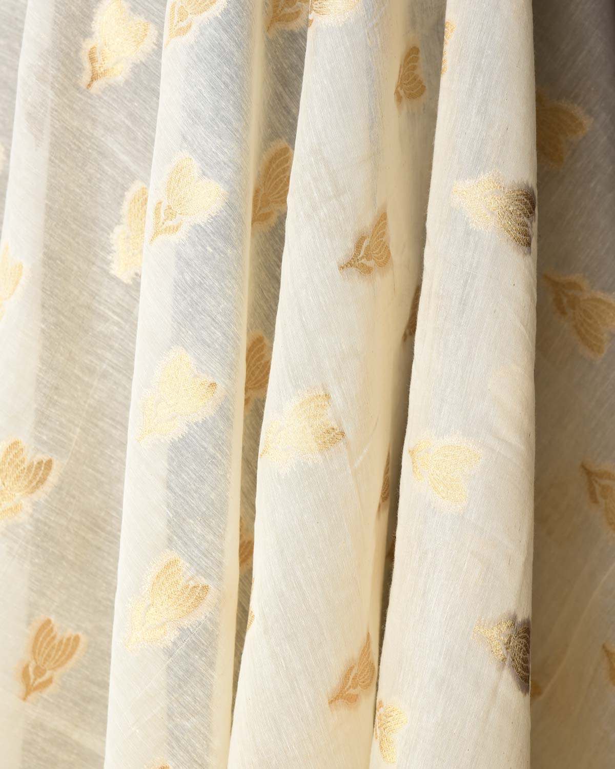 Ivory White Gold Zari Buti Cutwork Brocade Woven Cotton Silk Banarasi Fabric-HolyWeaves