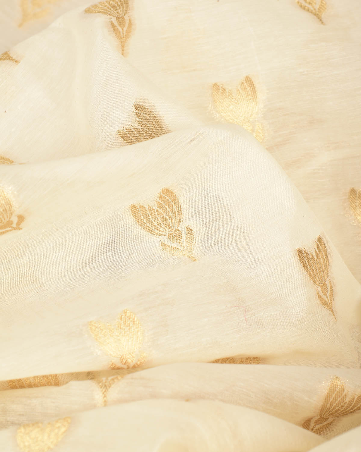 Ivory White Gold Zari Buti Cutwork Brocade Woven Cotton Silk Banarasi Fabric-HolyWeaves