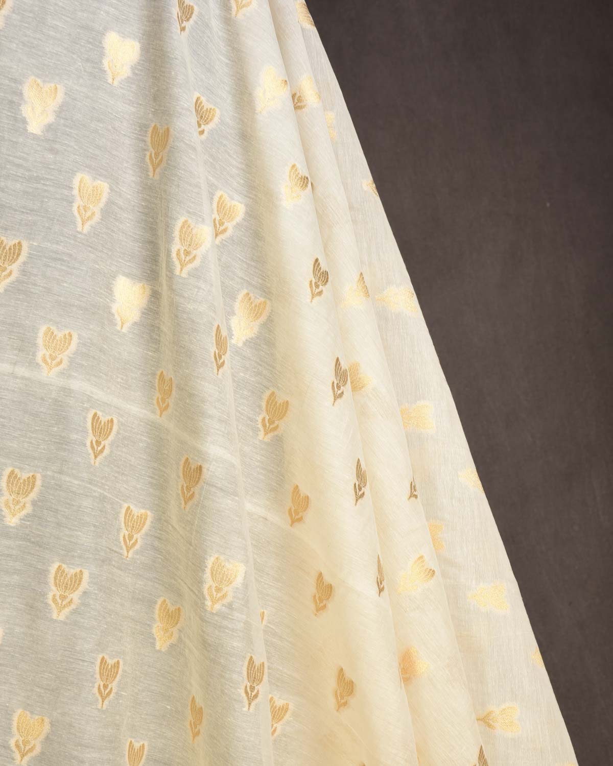 Ivory White Gold Zari Buti Cutwork Brocade Woven Cotton Silk Banarasi Fabric-HolyWeaves