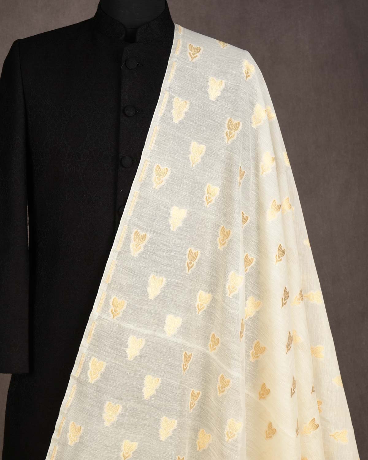 Ivory White Gold Zari Buti Cutwork Brocade Woven Cotton Silk Banarasi Fabric-HolyWeaves