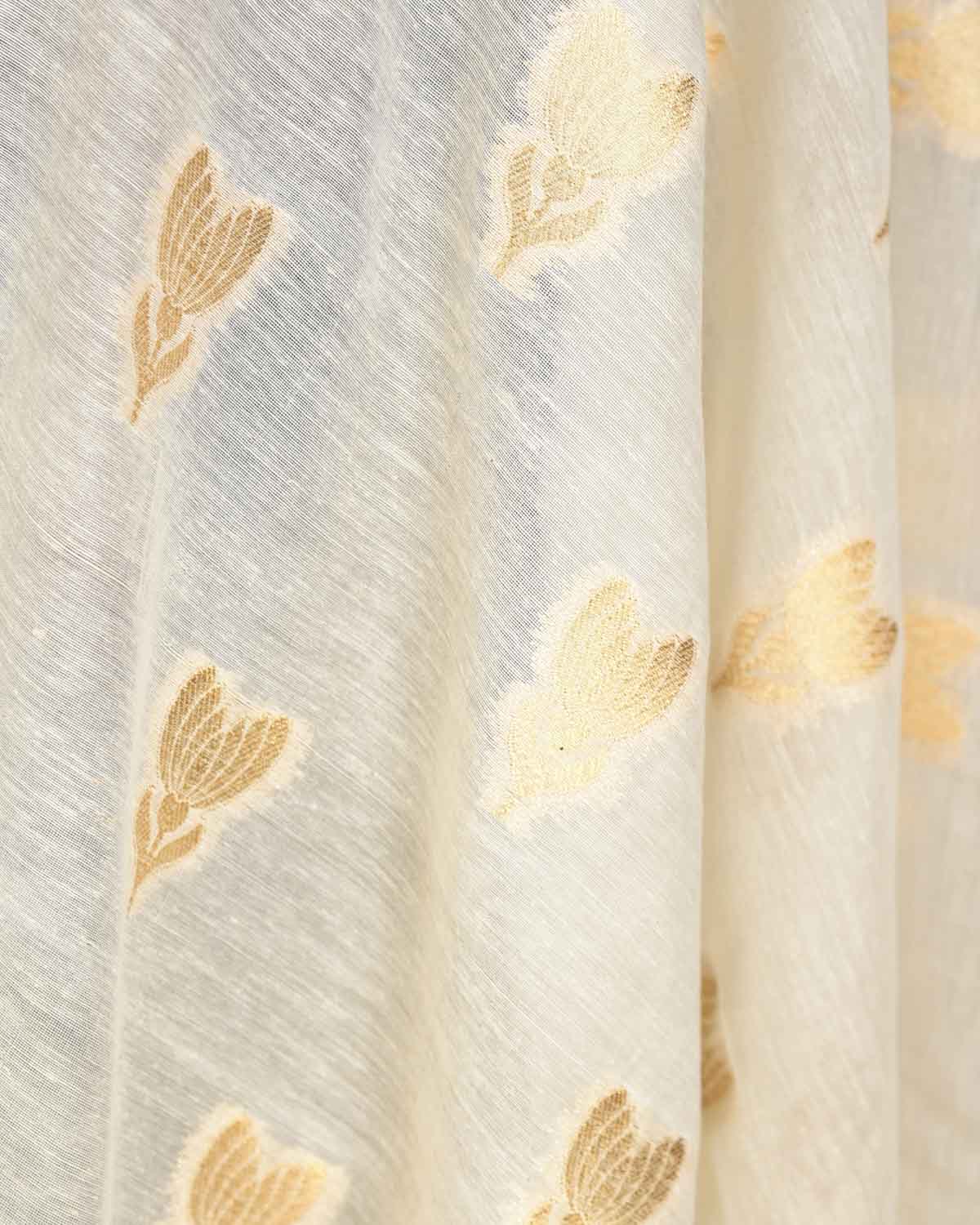 Ivory White Gold Zari Buti Cutwork Brocade Woven Cotton Silk Banarasi Fabric-HolyWeaves