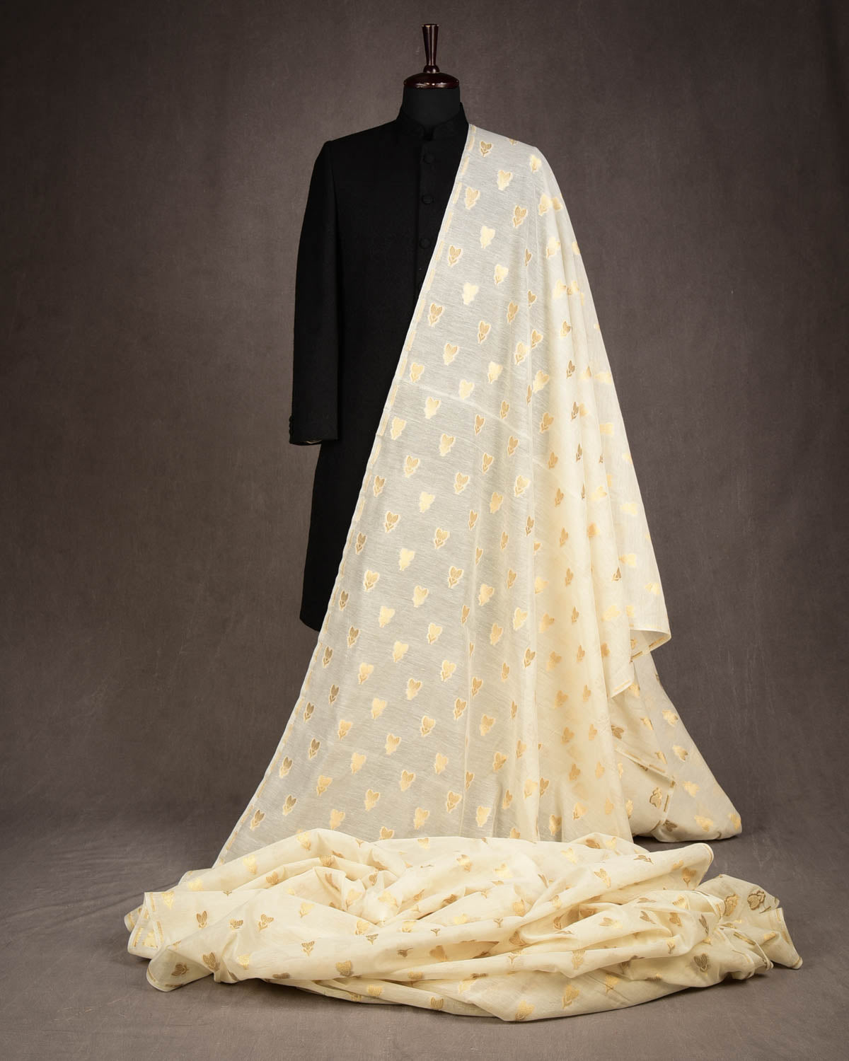 Ivory White Gold Zari Buti Cutwork Brocade Woven Cotton Silk Banarasi Fabric-HolyWeaves