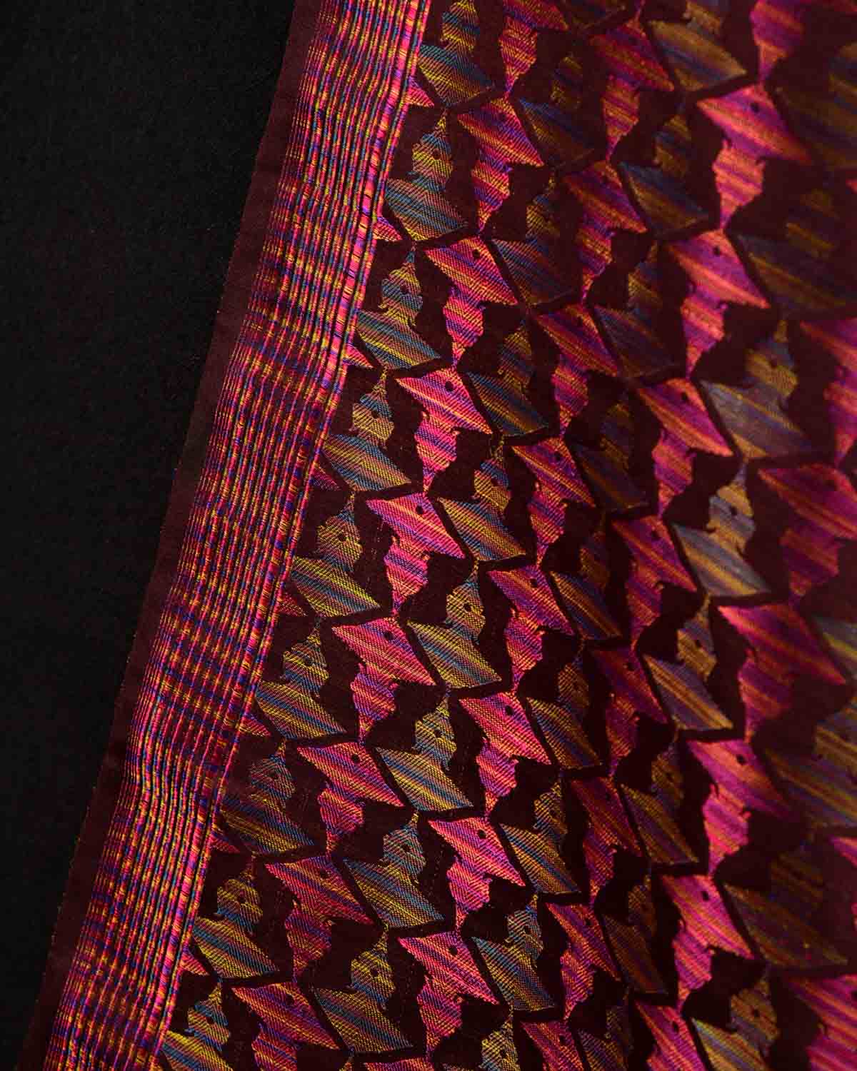 Rainbow Mahogany Buddha "Wisdom & Compassion" Multi-Color Resham Satin Tanchoi Handwoven Katan Silk Banarasi Fabric-HolyWeaves