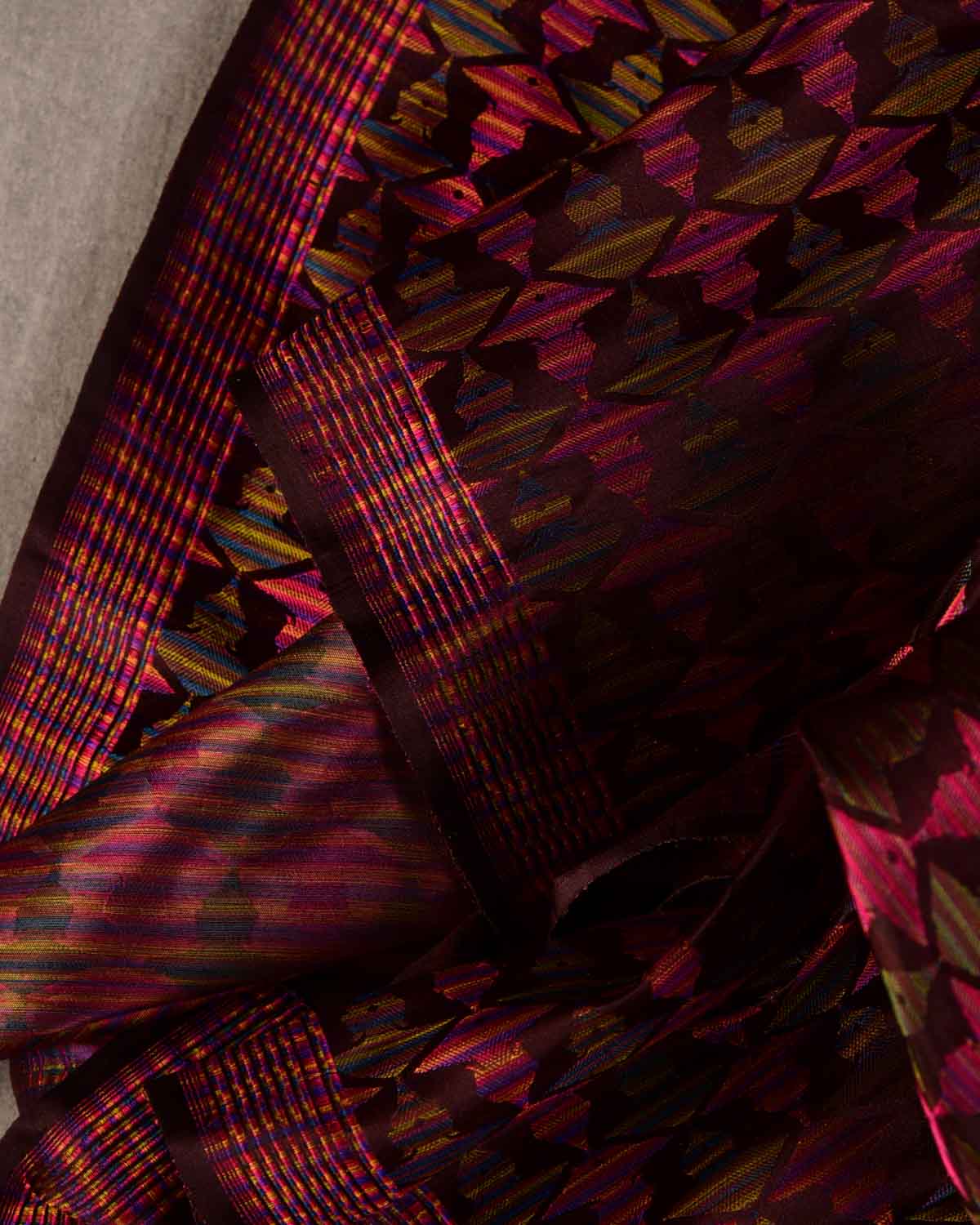 Rainbow Mahogany Buddha "Wisdom & Compassion" Multi-Color Resham Satin Tanchoi Handwoven Katan Silk Banarasi Fabric-HolyWeaves