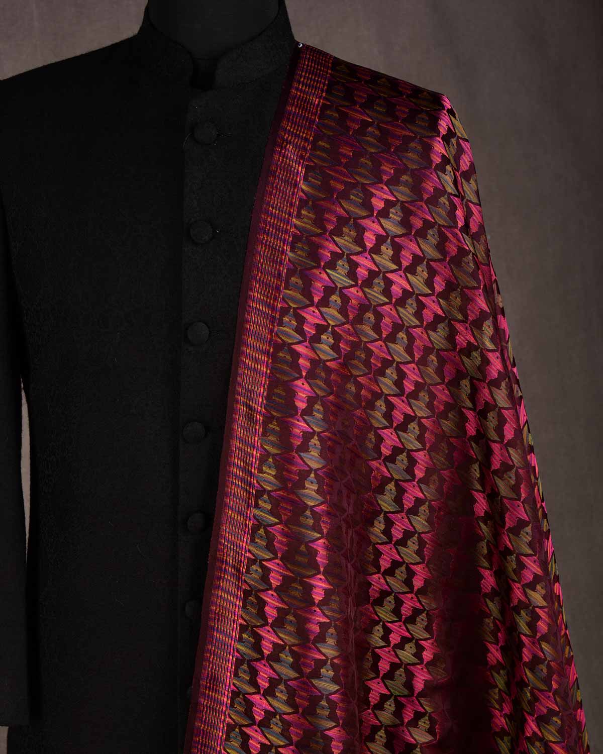 Rainbow Mahogany Buddha "Wisdom & Compassion" Multi-Color Resham Satin Tanchoi Handwoven Katan Silk Banarasi Fabric-HolyWeaves