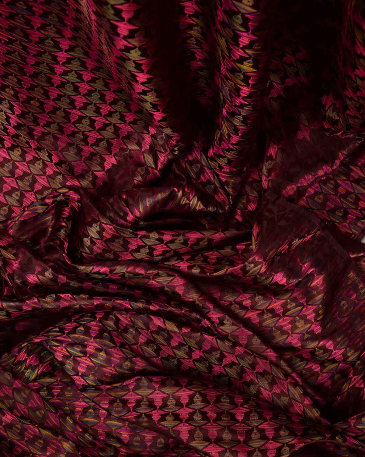 Rainbow Mahogany Buddha "Wisdom & Compassion" Multi-Color Resham Satin Tanchoi Handwoven Katan Silk Banarasi Fabric-HolyWeaves