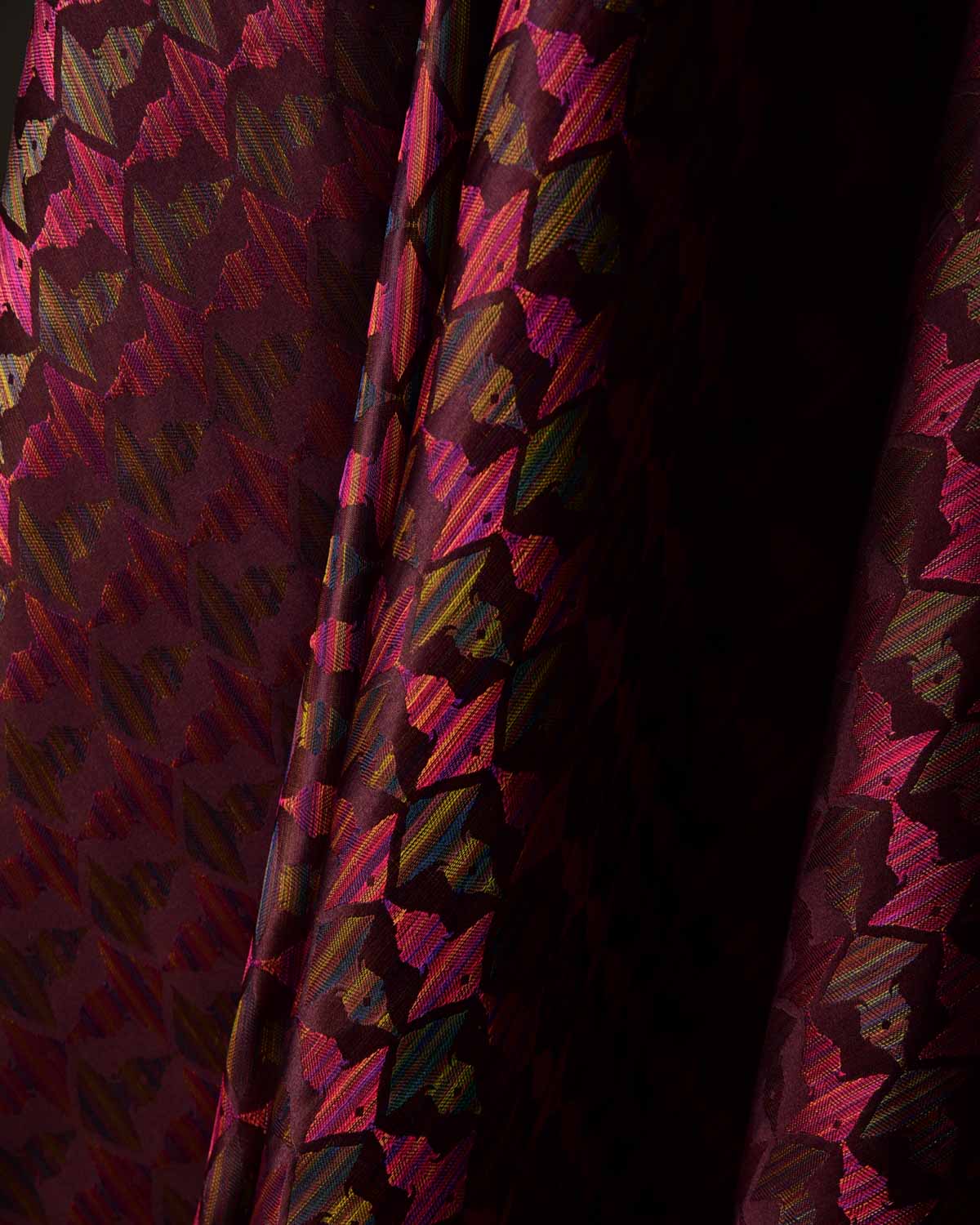 Rainbow Mahogany Buddha "Wisdom & Compassion" Multi-Color Resham Satin Tanchoi Handwoven Katan Silk Banarasi Fabric-HolyWeaves