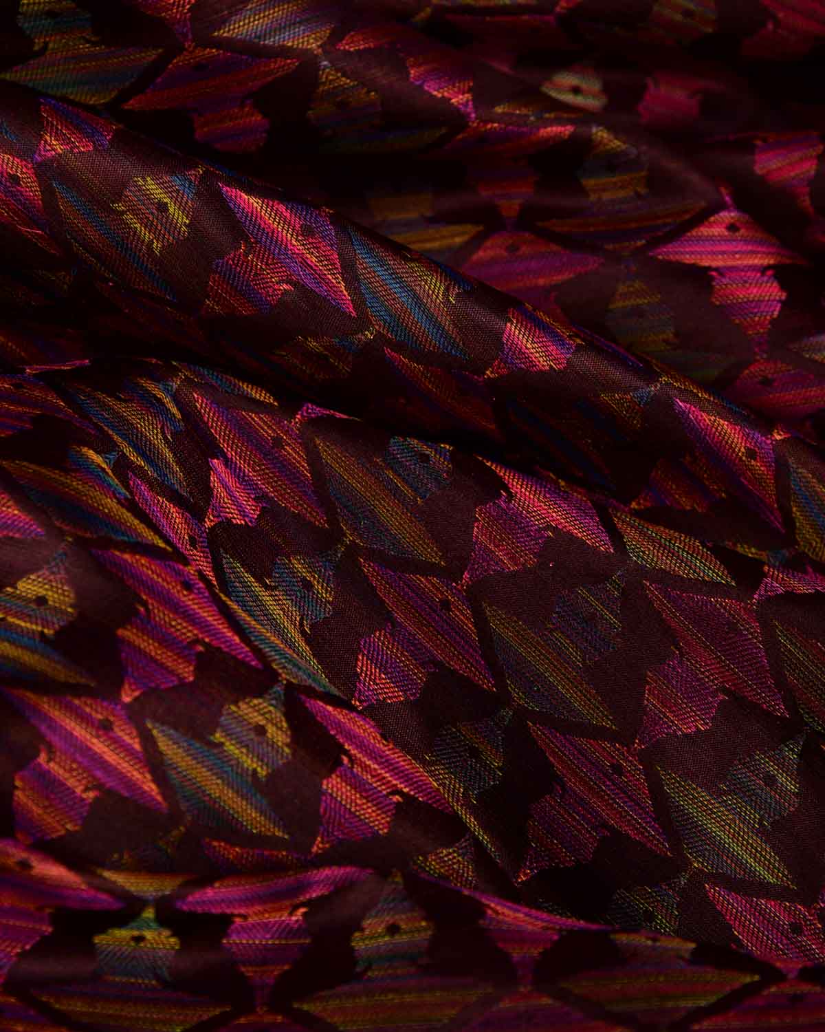 Rainbow Mahogany Buddha "Wisdom & Compassion" Multi-Color Resham Satin Tanchoi Handwoven Katan Silk Banarasi Fabric-HolyWeaves