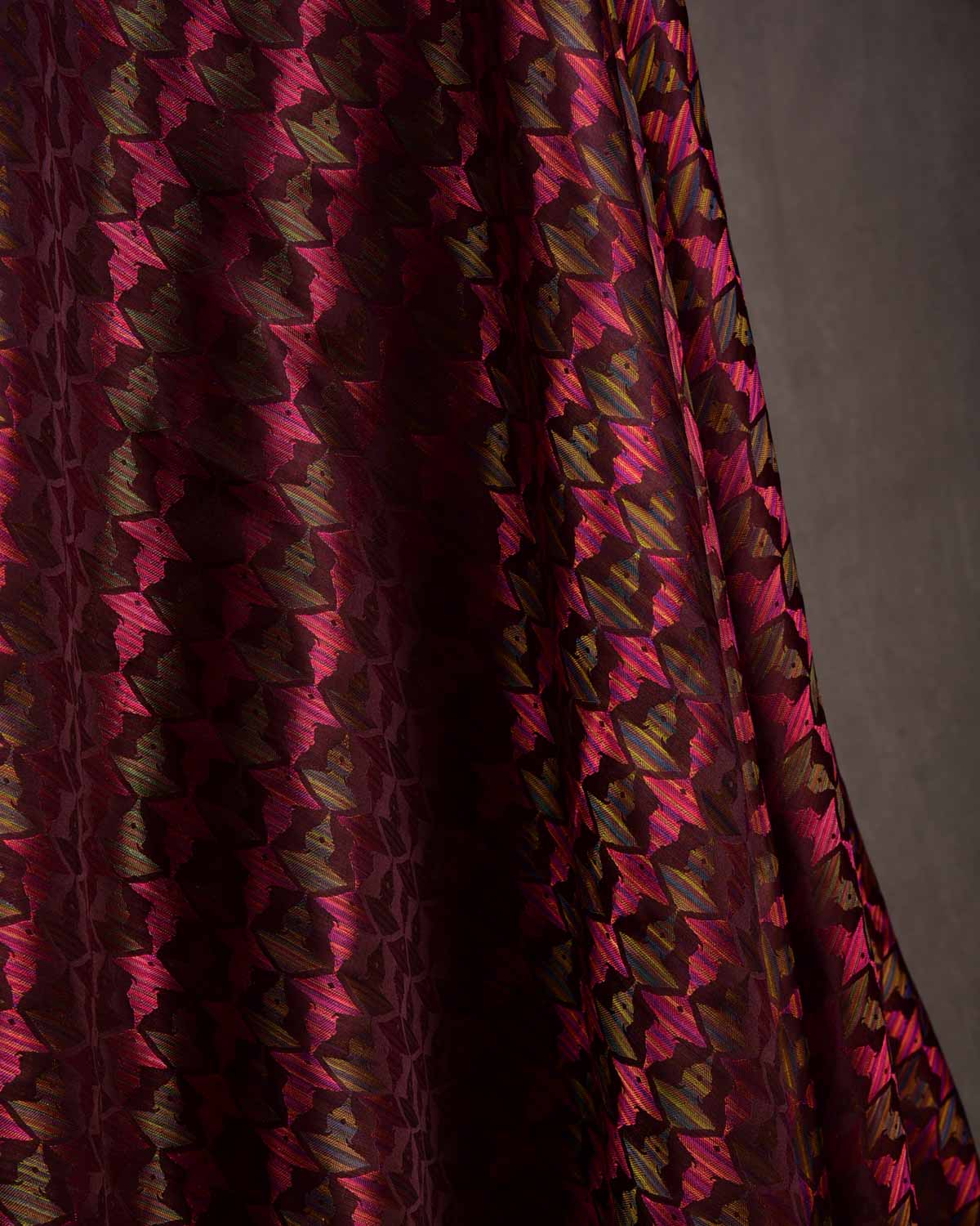 Rainbow Mahogany Buddha "Wisdom & Compassion" Multi-Color Resham Satin Tanchoi Handwoven Katan Silk Banarasi Fabric-HolyWeaves