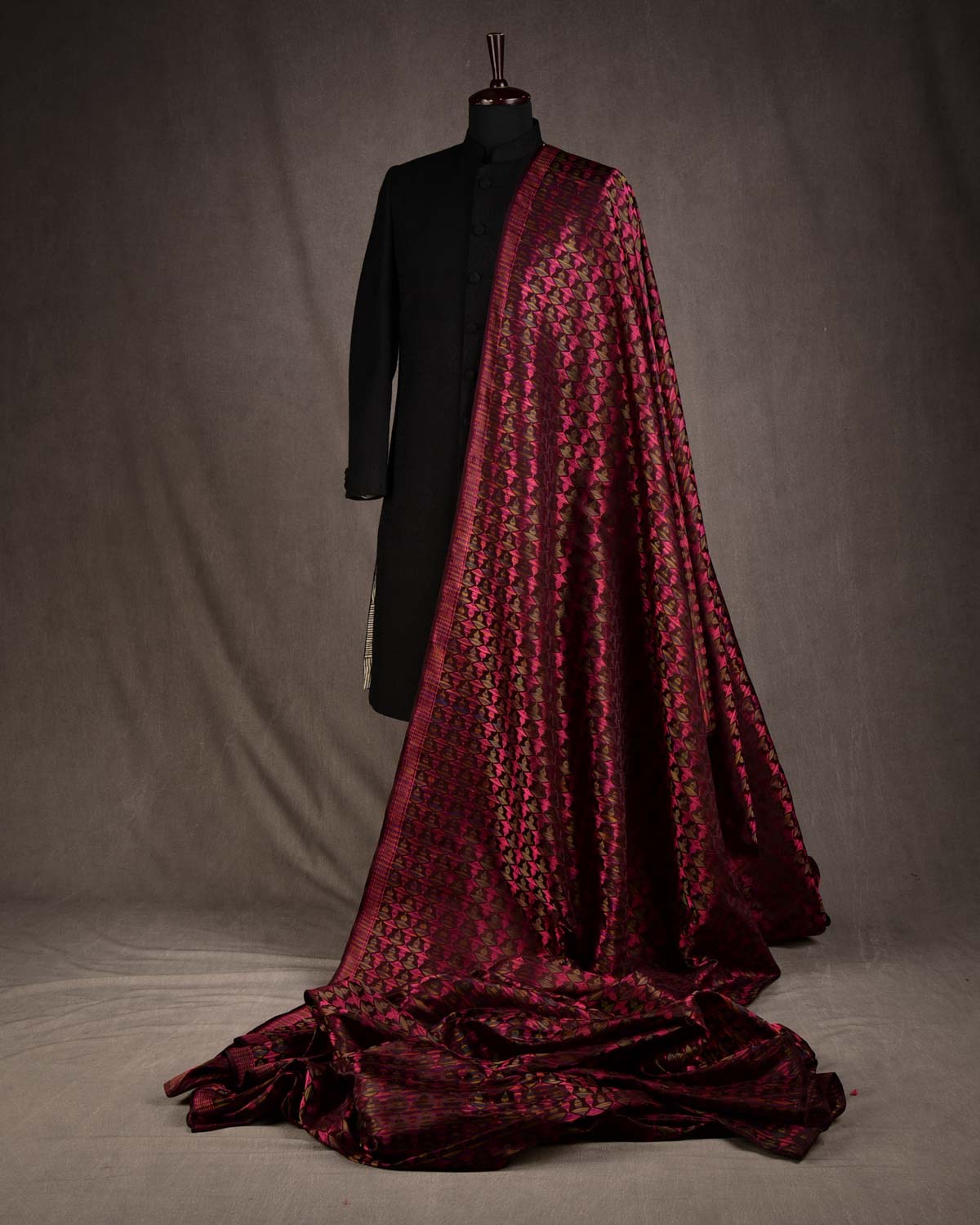 Rainbow Mahogany Buddha "Wisdom & Compassion" Multi-Color Resham Satin Tanchoi Handwoven Katan Silk Banarasi Fabric-HolyWeaves