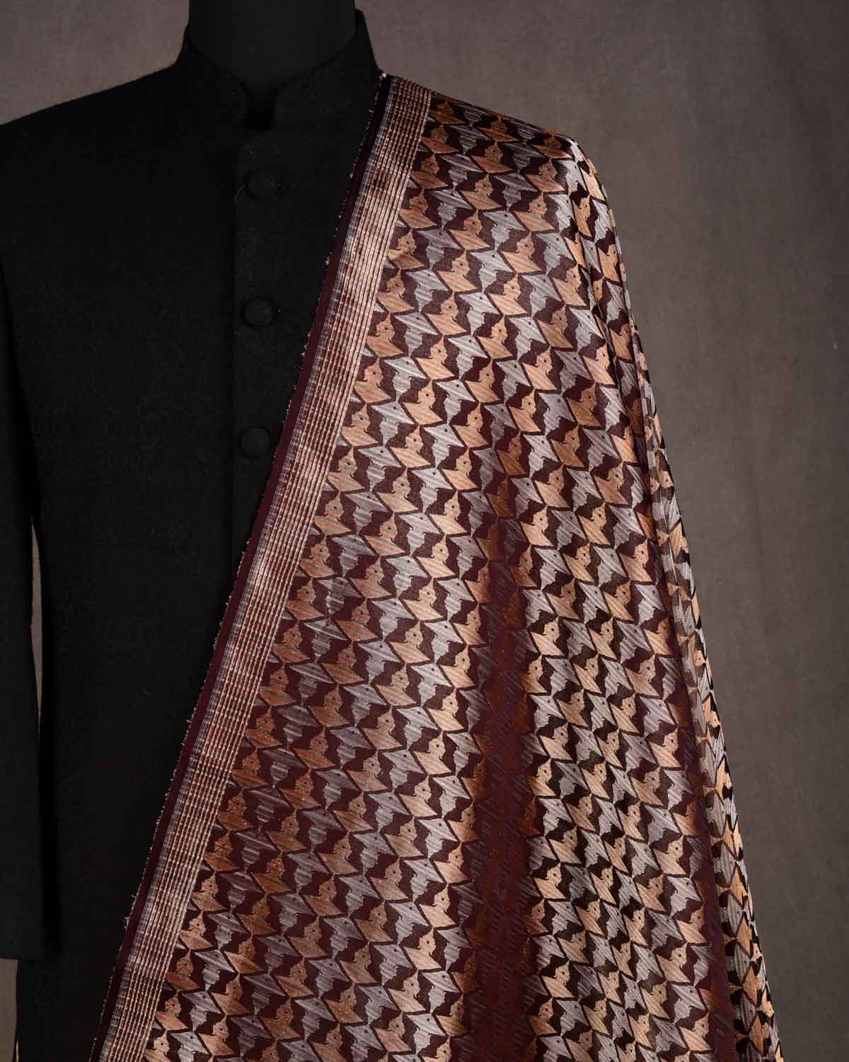 Metallic Mahogany Buddha "Wisdom & Compassion" Multi-Color Zari Satin Tanchoi Handwoven Katan Silk Banarasi Fabric-HolyWeaves