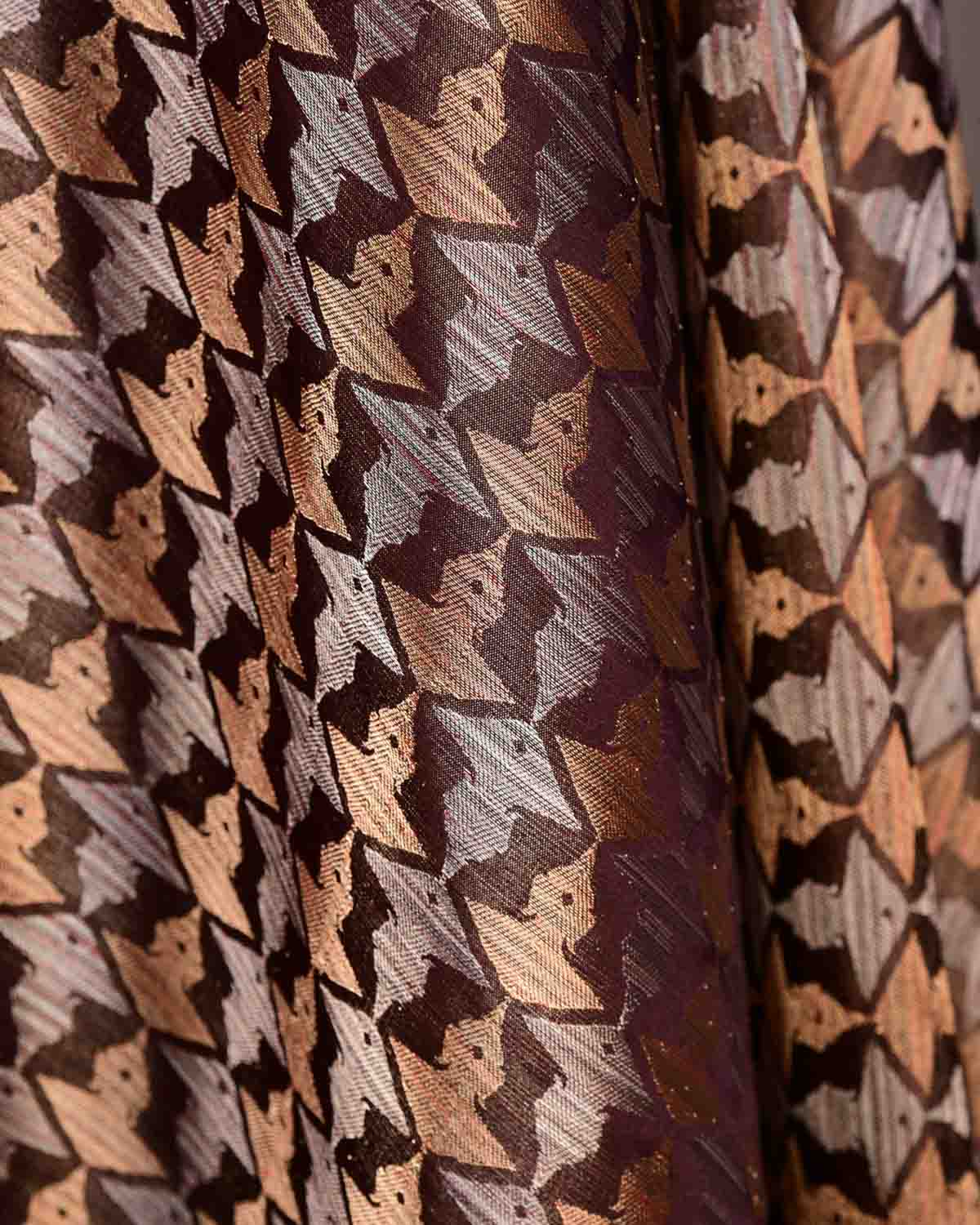 Metallic Mahogany Buddha "Wisdom & Compassion" Multi-Color Zari Satin Tanchoi Handwoven Katan Silk Banarasi Fabric-HolyWeaves