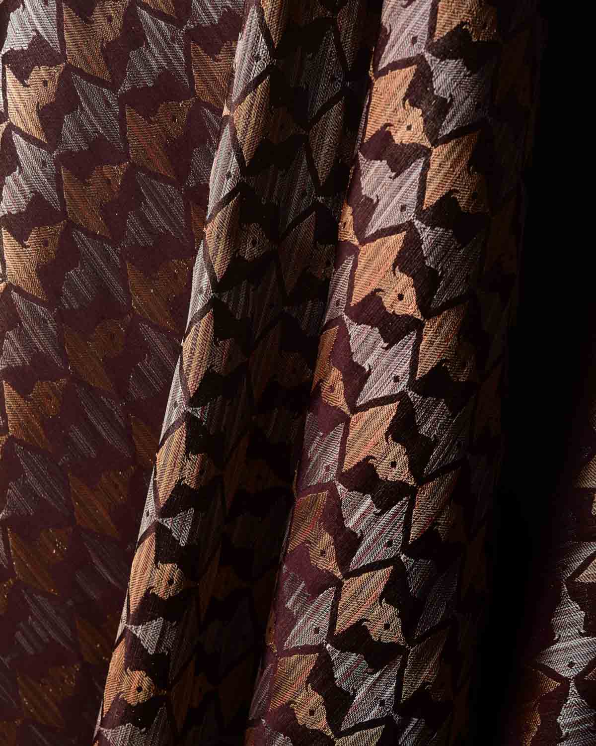 Metallic Mahogany Buddha "Wisdom & Compassion" Multi-Color Zari Satin Tanchoi Handwoven Katan Silk Banarasi Fabric-HolyWeaves