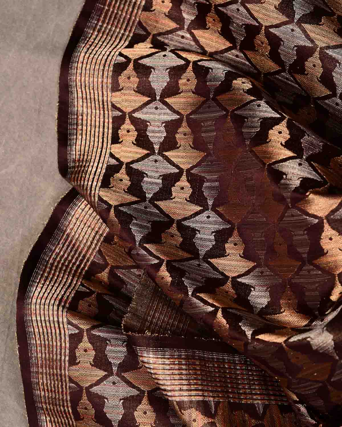 Metallic Mahogany Buddha "Wisdom & Compassion" Multi-Color Zari Satin Tanchoi Handwoven Katan Silk Banarasi Fabric-HolyWeaves