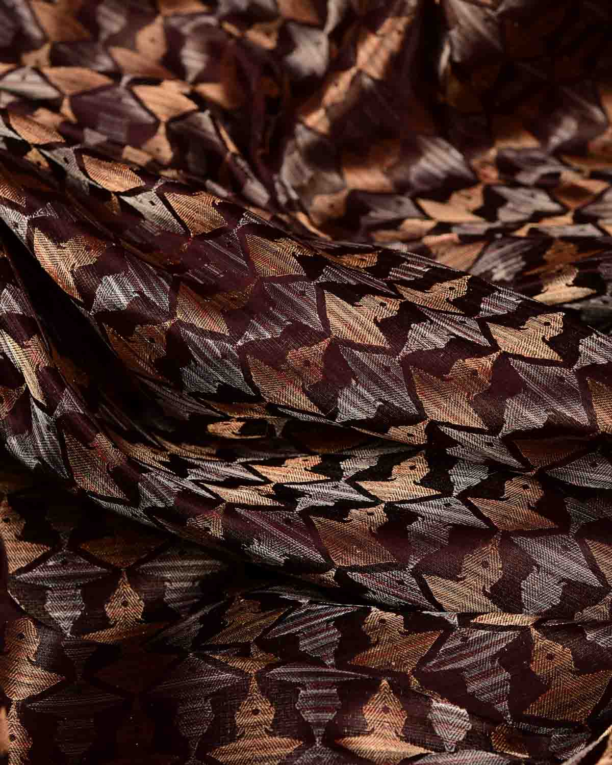 Metallic Mahogany Buddha "Wisdom & Compassion" Multi-Color Zari Satin Tanchoi Handwoven Katan Silk Banarasi Fabric-HolyWeaves