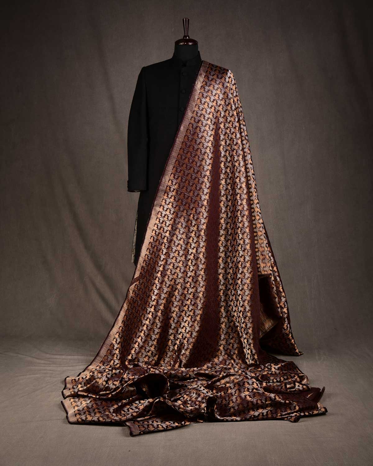 Metallic Mahogany Buddha "Wisdom & Compassion" Multi-Color Zari Satin Tanchoi Handwoven Katan Silk Banarasi Fabric-HolyWeaves