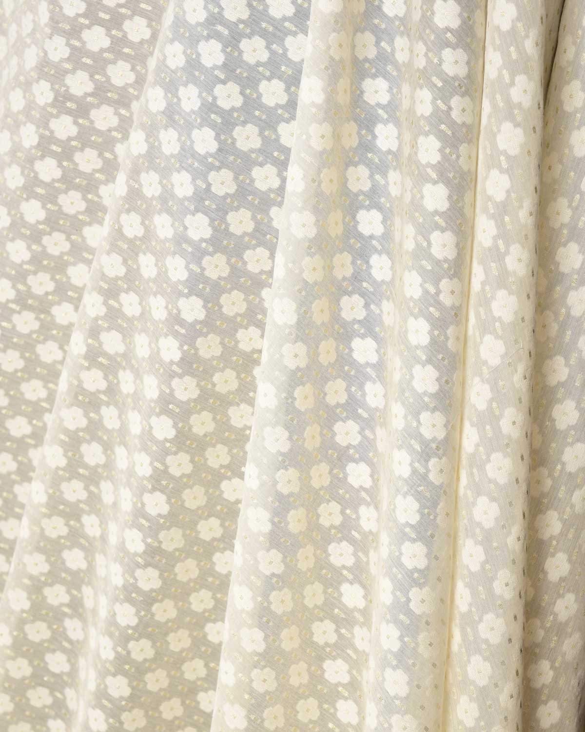 White Silver Zari & Resham Cutwork Brocade Woven Cotton Silk Banarasi Fabric-HolyWeaves