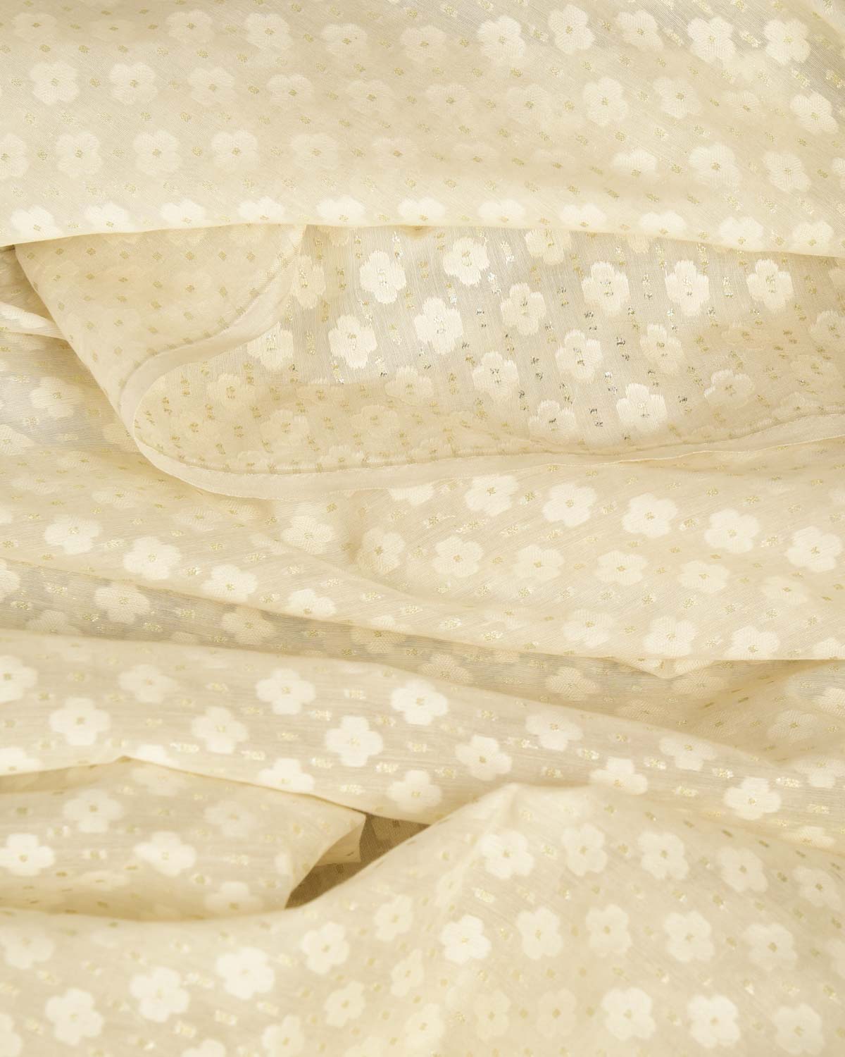 White Silver Zari & Resham Cutwork Brocade Woven Cotton Silk Banarasi Fabric-HolyWeaves